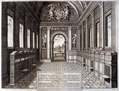 Ansicht des Museums von Michele Mercati (1541-1595), Verwalter der Vatikanischen Botanischen Gärten. Gravur aus „Metallotheca...“ Rom 1717 - 1719 von Italian School