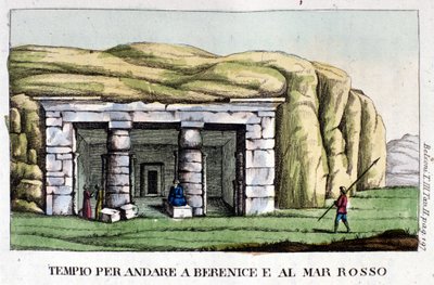 Ansicht des Tempels auf dem Weg nach Berenice, heute Benghazi und zum Roten Meer. Der Autor, Giovanni Battista Belzoni (1778-1823), war ein italienischer Entdecker und Archäologe, der wichtige archäologische Entdeckungen in Ägypten gemacht hat. Gravur von Italian School