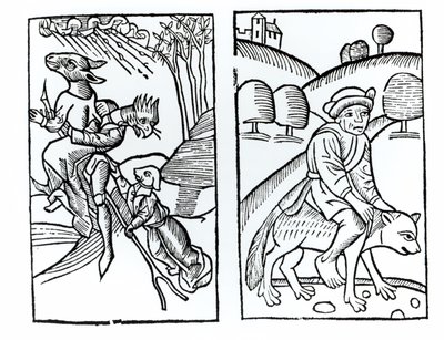 Hexen als Tiere verkleidet, die auf einem Besen reiten (links) und männliche Hexe, die auf einem Wolf reitet (rechts), Kopien von Illustrationen aus Compendium Maleticarum von Fr M Guaccius, Mailand 1608, verwendet in Geschichte der Magie von Italian School