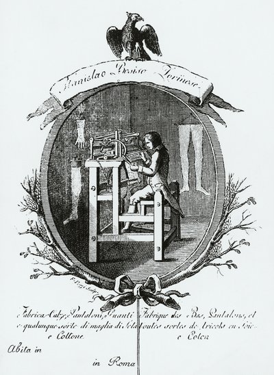 Arbeiter am Webstuhl, Bildwerbung für Stanislaus Bosisio Torinese, Hersteller von Socken, Hosen, Handschuhen und jeder Art von Seiden- und Baumwollstrickwaren, Gravur, Italien von Italian School