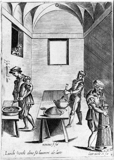 Milchverarbeitung (Milchprodukt) an einem kühlen Ort. Gravur aus „Opera“, Buch über Gastronomie in 6 Teilen, von Bartolomeo Scappi, persönlicher Koch von Papst Pius V. Venedig von Italian School