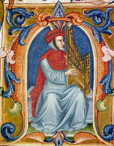 Porträt von Francesco Landini, der Orgel spielt (1325-1397), italienischer Komponist, Organist, Sänger, Dichter. Miniatur des Codex Squarcialupi des 15. Jahrhunderts. Florenz, Bibliothek Laurenziana, Ms. Med. Pal. 87. von Italian School