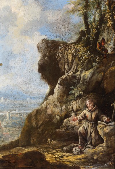 Der heilige Franziskus in Ekstase bei einem Felsvorsprung, eine Landschaft dahinter von Italo-Flemish School
