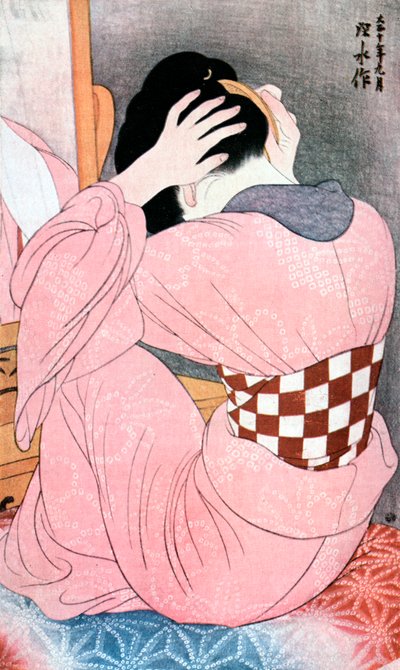 Ein Mädchen frisiert ihr Haar oder Frau mit einem Untergürtel, ca. 1921 von Ito Shinsui