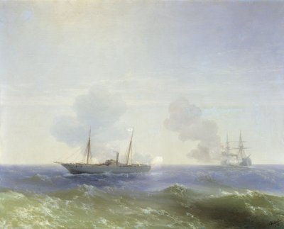 Kampf des Dampfers Vesta mit dem türkischen Schlachtschiff Fehti-Bulend im Schwarzen Meer am 11. Juli 1877 von Ivan Aivazovsky