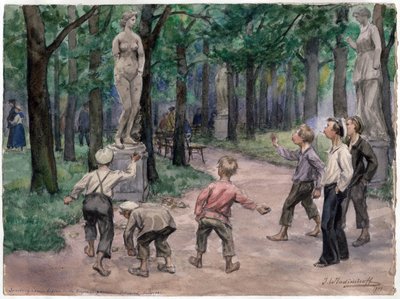 Sportwettbewerb im kaiserlichen Garten, Sankt Petersburg (Kinder werfen Steine auf eine nackte Frauenstatue) (aus der Aquarellserie Russische Revolution) von Ivan Alexeyevich Vladimirov