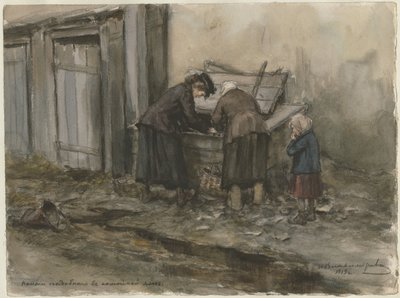 Zwei Frauen und ein Kind durchsuchen einen Mülleimer aus der Aquarellserie Russische Revolution von Ivan Alexeyevich Vladimirov
