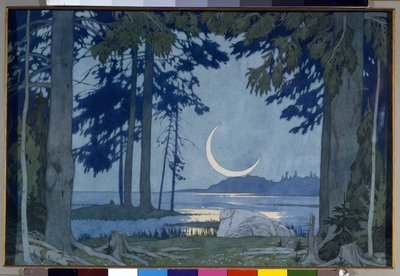 Mondschein über dem Ilmensee. Bühnenbild für die Oper Sadko von Ivan Yakovlevich Bilibin