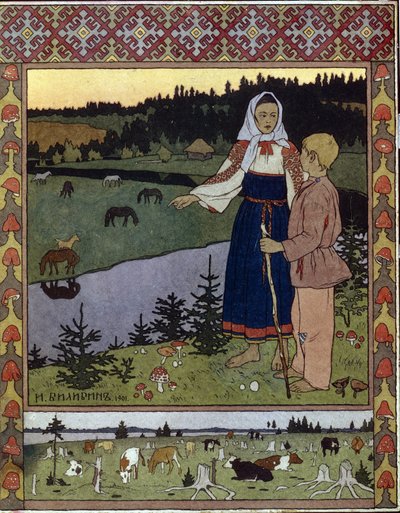 Illustration für das traditionelle Märchen Alyonuschka und Ivanuschka von Ivan Yakovlevich Bilibin