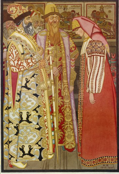 Die Frau des Bogenschützen vor dem Zaren und seinem Gefolge von Ivan Yakovlevich Bilibin