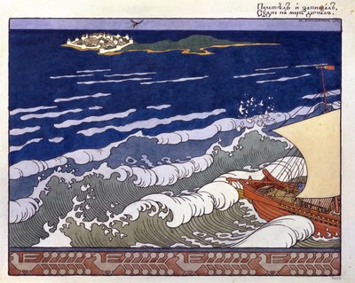 Das Boot steuert auf eine Insel zu, geführt vom Flug einer Hummel. Illustration für das "Märchen vom Zaren Saltan" von Alexander Puschkin von Ivan Yakovlevich Bilibin