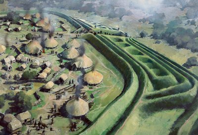 Luftaufnahme des Eingangs zur alten Oswestry-Hügelburg während der Eisenzeit von Ivan Lapper