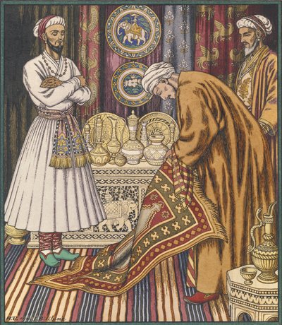 Prinz Ali kauft einen Teppich. Illustration für Arabische Märchen von Ivan Yakovlevich Bilibin