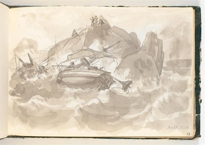 Schiffswrack an einer Felsenküste. Einige Männer stehen auf einem Felsen und schauen zu von Johan Christian Dahl