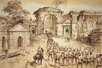 General Outram betritt die Verteidigungsanlagen der Residenz in Lucknow am 25. September 1858 an der Spitze von Havelocks Entsatztruppe von J.F. (after) Weedon