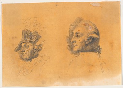Vorarbeit zu zwei der Köpfe für den Stich: Friedrich der Große reitet nach einer Revue in Potsdam nach Hause von J.F. Clemens