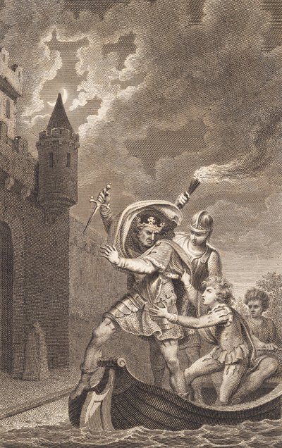 Illustration. Ein König mit erhobenem Dolch und drei Personen in einem Boot von J.F. Clemens