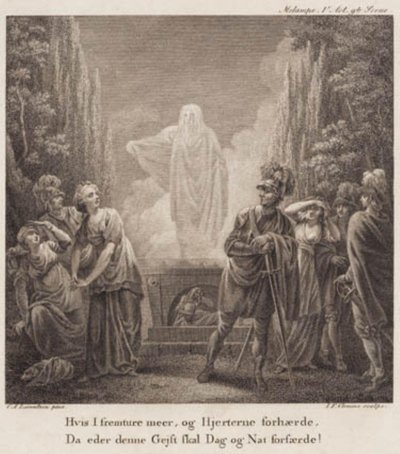 Melampe. Wenn ihr weiter fortfahrt und die Herzen verhärtet, wird euch dieser Geist Tag und Nacht erschrecken? Gravur nach Llorentzens Holberg Galerie. von J.F. Clemens