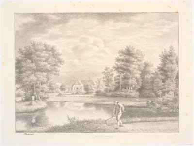 Sanderumgaards Garten mit Haus. Im Vordergrund Mann mit Sense von J.F. Clemens