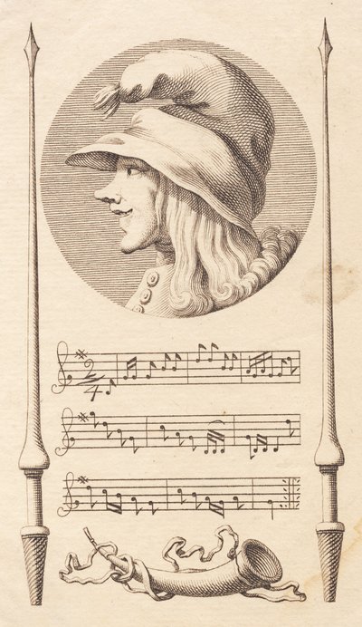 Vignette. Kopf eines Bauernjungen zwischen zwei Lanzen von J.F. Clemens