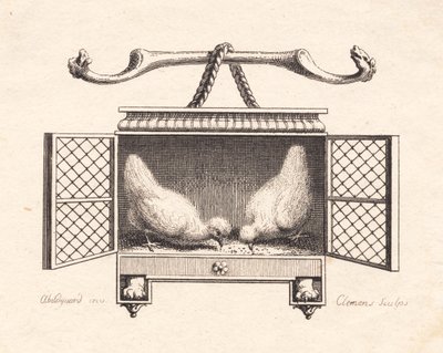 Vignette darstellend zwei Hühner, die Körner picken von J.F. Clemens