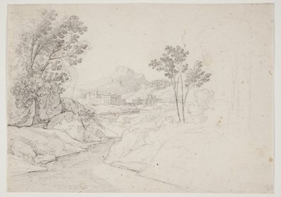 Landschaftsstudie mit Gebäuden am Wasserlauf. Italien von J.L. Lund