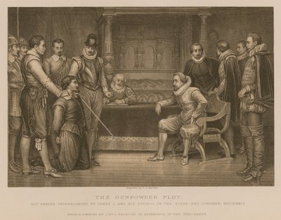 Das Pulverkomplott; Guy Fawkes wird von König James I. und seinem Rat im Schlafzimmer des Königs in Whitehall verhört von J.M.L. Ralston