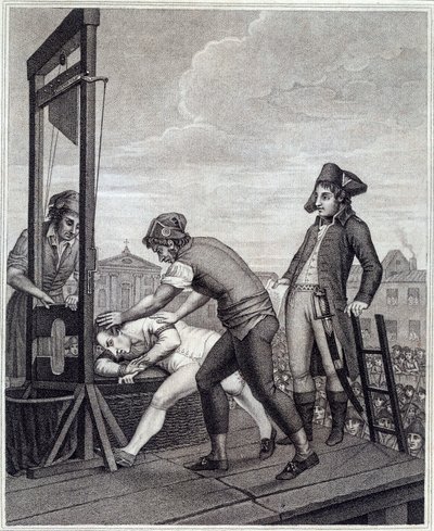 Die Hinrichtung von Maximilien de Robespierre (1758-1794) durch die Guillotine am 28.07.1794 auf der Place de la Concorde. Gravur von James Idnarpila nach J. Beys. Ca. 1799. Paris, Musée Carnavalet von J. (after) Beys
