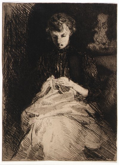 Sitzende Frau beim Nähen von J. Alden Weir