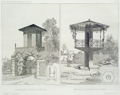 Portal mit Kiosk, Meudon, und überdachte Terrasse, St. Denis, aus einem Band von Entwürfen verschiedener Architekten, veröffentlicht von Morel & Cie, Paris, ca. 1880 von J. Boussard