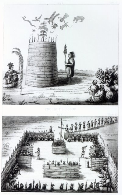 Die Hütte des Propheten und Medawisos aus einem Buch von Henry Schoolcraft (1793-1864) von J. C. Tidball
