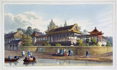 Sommerpalast des Kaisers, gegenüber der Stadt Tien-Sing, China, 1817 von J Clark