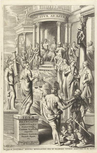 Herkules führt einen Mann entlang der Personifikationen der Tugenden zum Tempel des ewigen Ruhms von J. Danoot