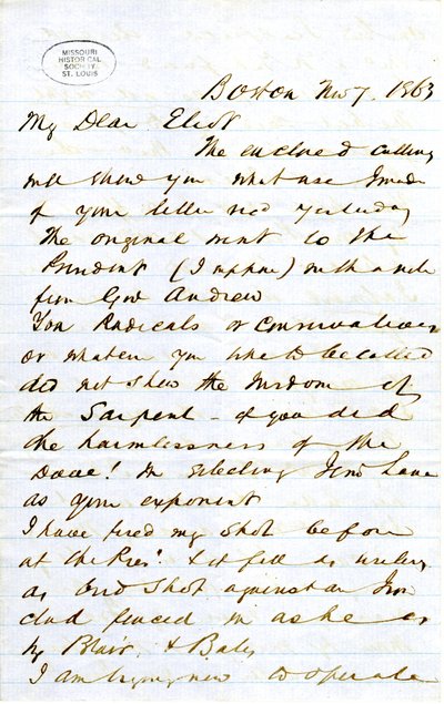 Brief unterzeichnet von J.M.F. [J.M. Forbes], Boston, an Eliot [William G. Eliot], 7. November 1863 von J. M. Forbes