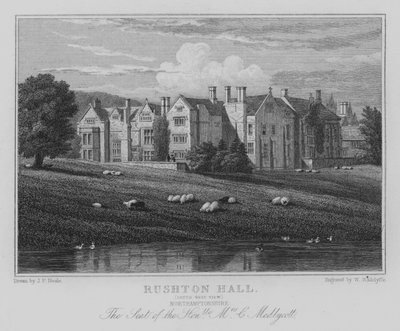 Rushton Hall, Südwestansicht, Northamptonshire, der Sitz der ehrenwerten Mrs. C. Medlycott (Stich) von John Preston Neale