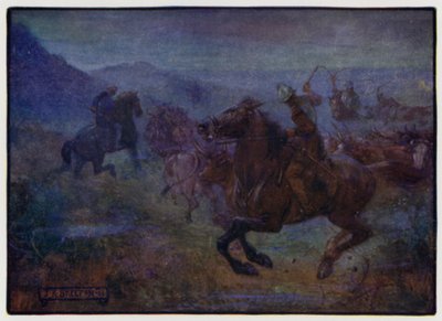 Überfall in den anglo-schottischen Grenzgebieten durch Border Reivers, frühes 16. Jahrhundert von J. R. Skelton