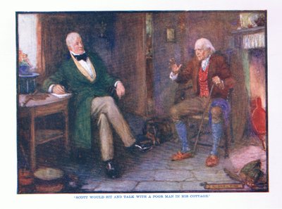 Scott würde mit einem armen Mann in seiner Hütte sitzen und sprechen, aus Englische Literatur, veröffentlicht von T C & EC Jack, ca. 1920 von J. R. Skelton
