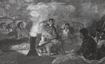 Innenansicht unserer Winterhütte in Camp Clay während des Kochens, 1883 von J. Steeple Davis