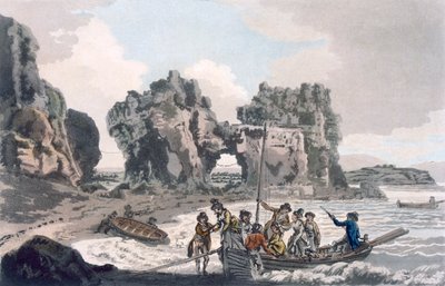 Blick auf den Castle Rock vom Landeplatz auf der Flat Holmes, aus A Picturesque Guide to Bath, Bristol Hot-Wells, the River Avon and the Adjacent Country, veröffentlicht 1793 von J. and Ibbetson, J.C. Hassell