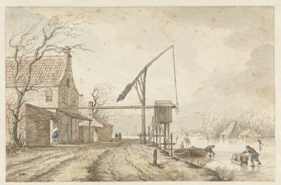 Winterlandschaft mit Häusern und Hebel entlang gefrorenem Kanal von Jacob  Cats