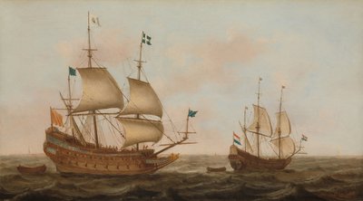 Ein für Frankreich gebautes Kriegsschiff und eine niederländische Yacht unter Segel von Jacob Gerritz Loef