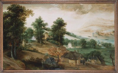 Eine weite Landschaft mit Hütten im Vordergrund, 1561 von Jacob Grimmer