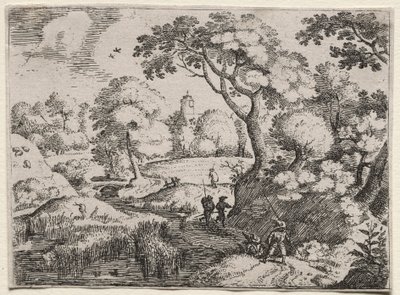 Sechs Landschaften: Pfad zwischen Sumpf und bewaldetem Ufer, um 1595 von Jacob I Savery