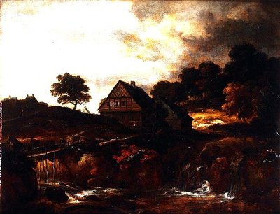 Bewaldete Landschaft mit Bauer auf einer Brücke über einen Wildbach von Jacob I. van (follower of) Ruisdael