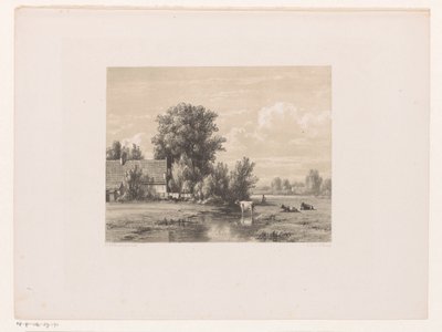 Landschaft mit Bauernhof und Kuh im Wasser von Jacob Jan van der Maaten