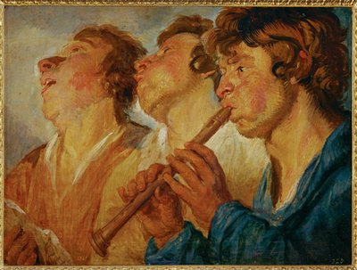 Drei wandernde Musiker, zwei singend, ein dritter spielend von Jacob Jordaens