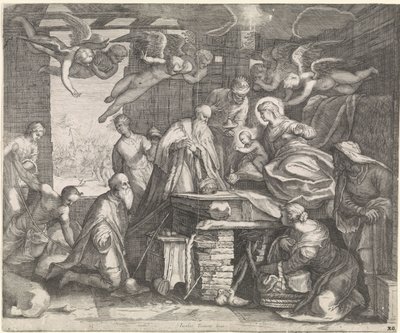 Anbetung der Könige mit Engeln von Jacob Matham (workshop of)