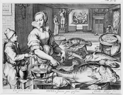 Küchenszene mit Küchenmagd, die Fisch zubereitet, Christus in Emmaus im Hintergrund, aus Küchen- und Marktszenen mit biblischen Szenen im Hintergrund von Jacob Matham