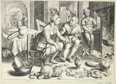 Küchenszene mit einem Mann und einer Frau, die ein Huhn braten von Jacob Matham