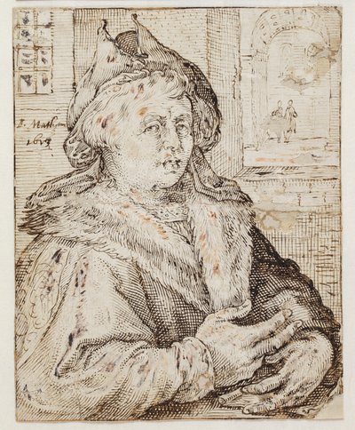 Porträt eines Mannes mit Mütze und pelzbesetztem Umhang, nach rechts gewandt. Rechts oben durch ein Fenster Blick auf andere Räume von Jacob Matham